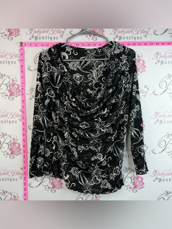 Tops - Long sleeve Black & White Long Sleeve Floral Drape Neck Women's Top Lightweight